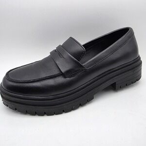 Quince Black Leather Lug Sole Penny Loafers